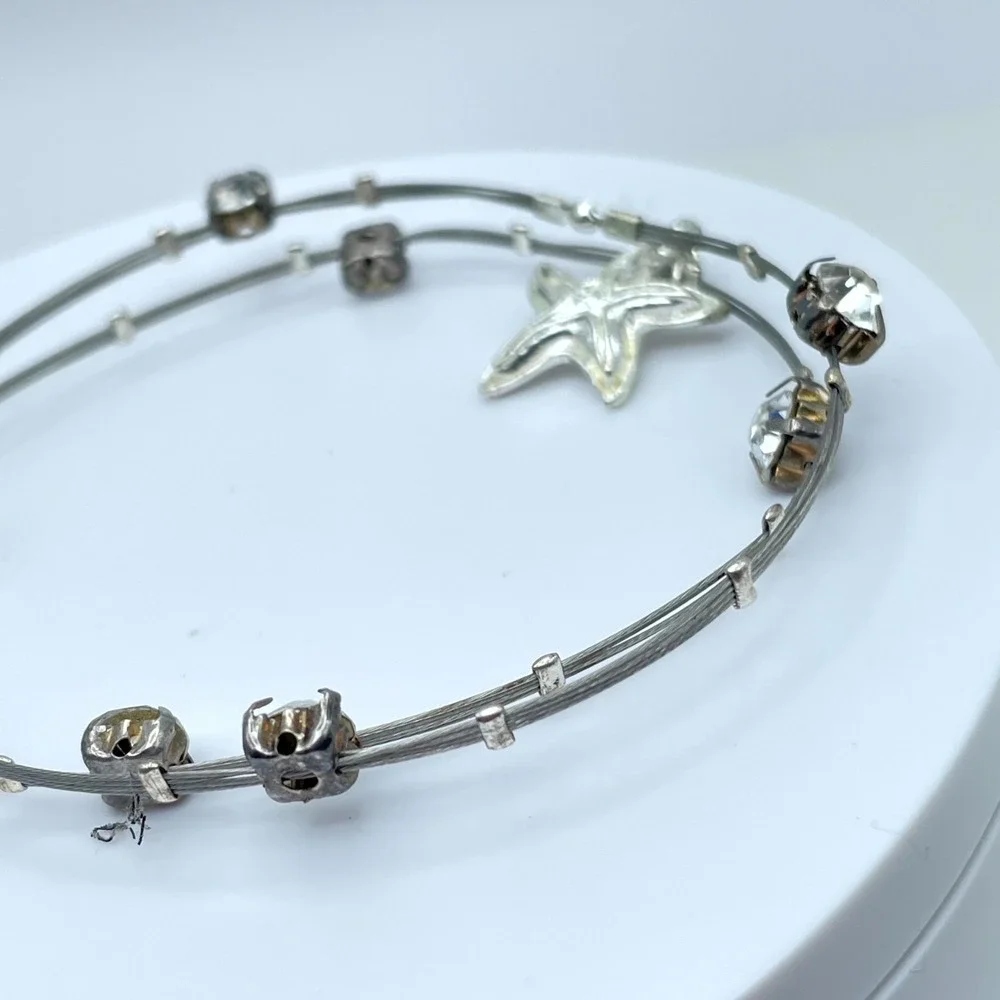 Vintage Silver-Tone Prong Starfish Affinity Double Strand Wire Bangle Bracelet